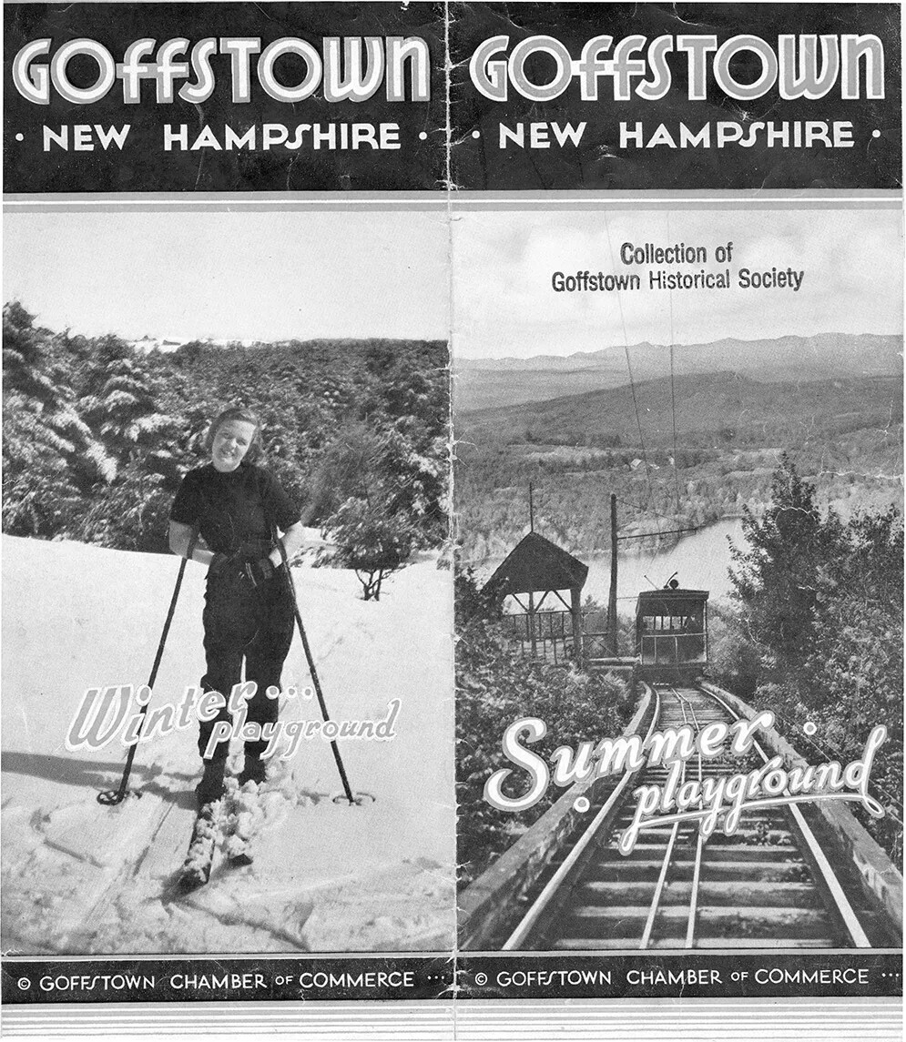 Two sides of a black and white brochure. Along the upper border of both sides are the words "GOFFSTOWN/NEW HAMPSHIRE." Underneath these words are then two photographs: the left-hand side shows a woman on skiis and the words "Winter/playground." The right-hand side shows a trolley traveling up a mountain and the words "Summer/playground."