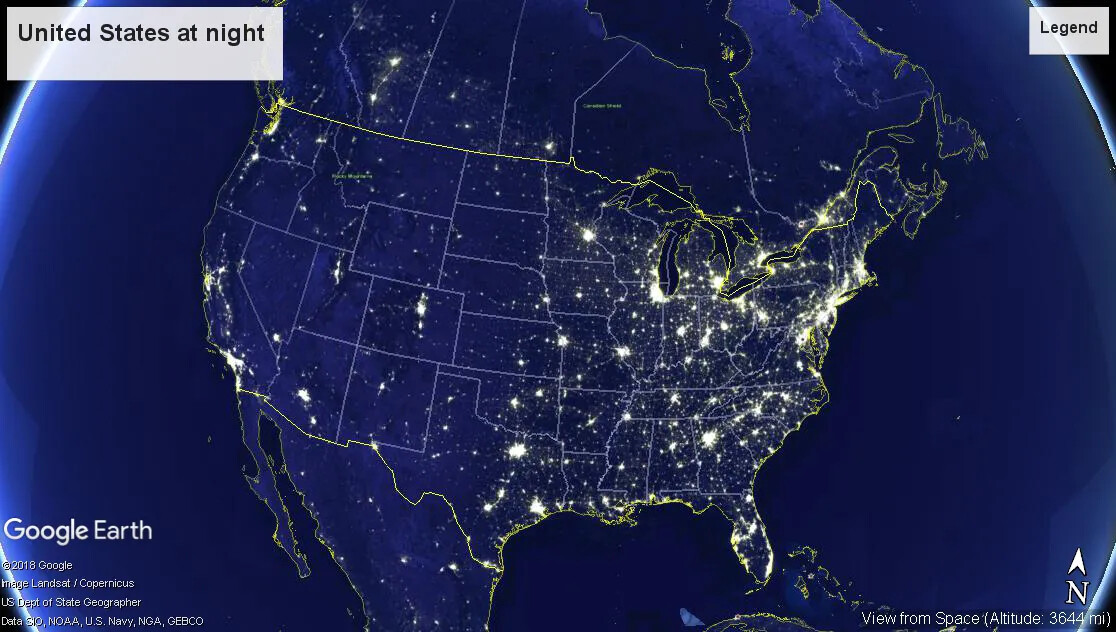 A colored, up-close screenshot of the United States surrounded by the Atlantic and Pacific Oceans from Google Earth. The land mass and the two oceans are blue. The individual states are outlined in white. Large and small groupings of the color yellow are scattered around the United States. Larger groups of yellow are found towards the East Coast, the Mid-West, and in central and southern California.
