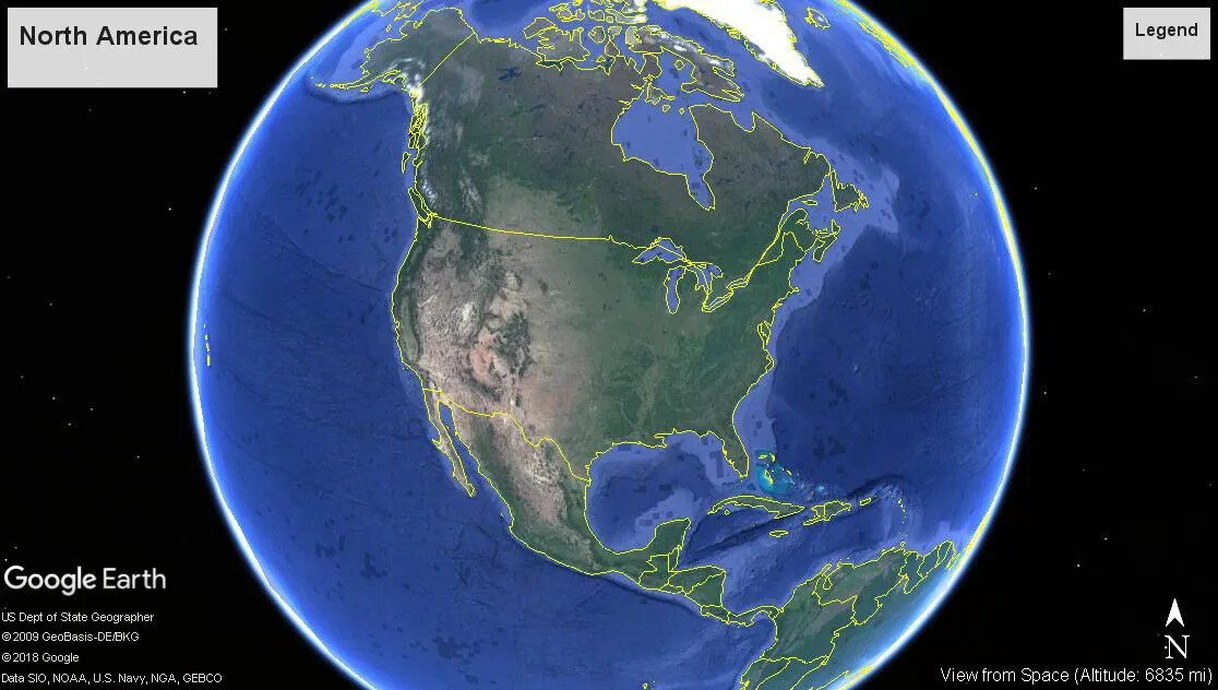 A colored screenshot of a circular Earth surrounded by the night sky from Google Earth. This image shows North America, and the upper countries of South America. The sea is blue, and the continents are different shades of green. The countries of Canada, the United States, Mexico, and those in Central America are outlined in yellow.