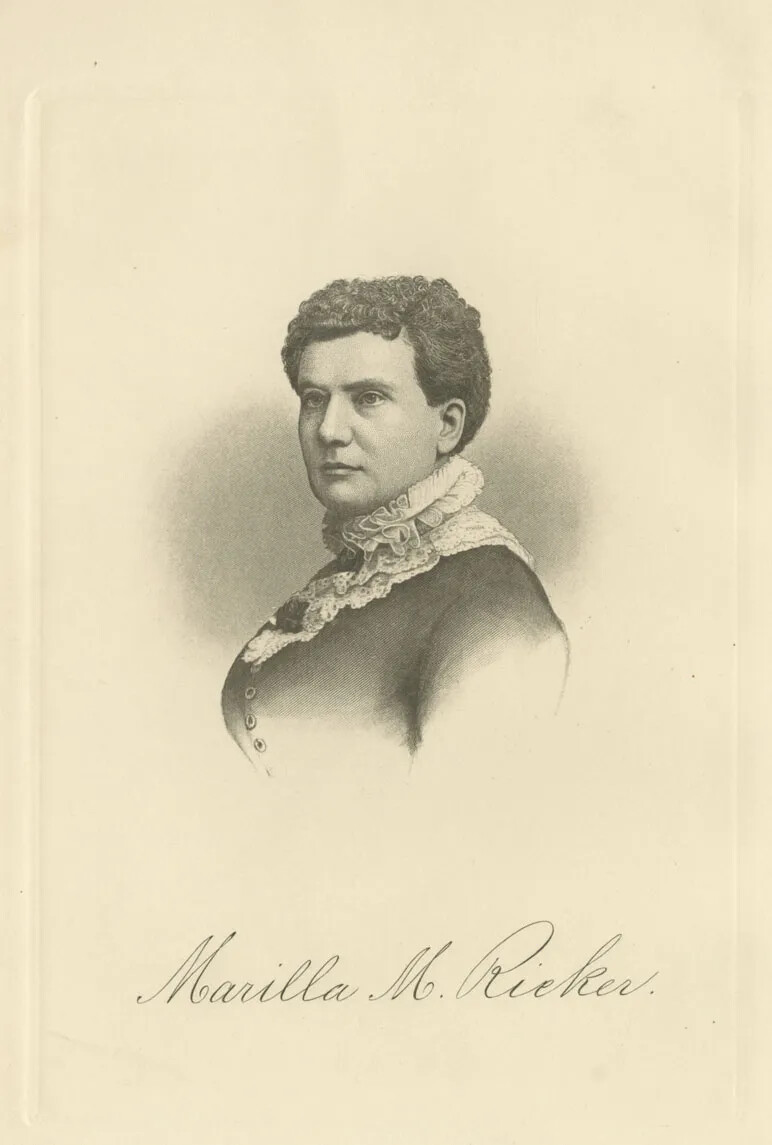 A black and white portrait of a woman shows her head, shoulders, and upper torso. She is dressed in formal 1800s clothing, with a dark dress and lace collar. Her hair is parted on the side and pulled back. She is facing away from the viewer towards the left, but turns her head to look over her shoulder, just off to the left side of center. She is not smiling. At the bottom of the portrait is written "Marilla M. Ricker" in cursive script. 