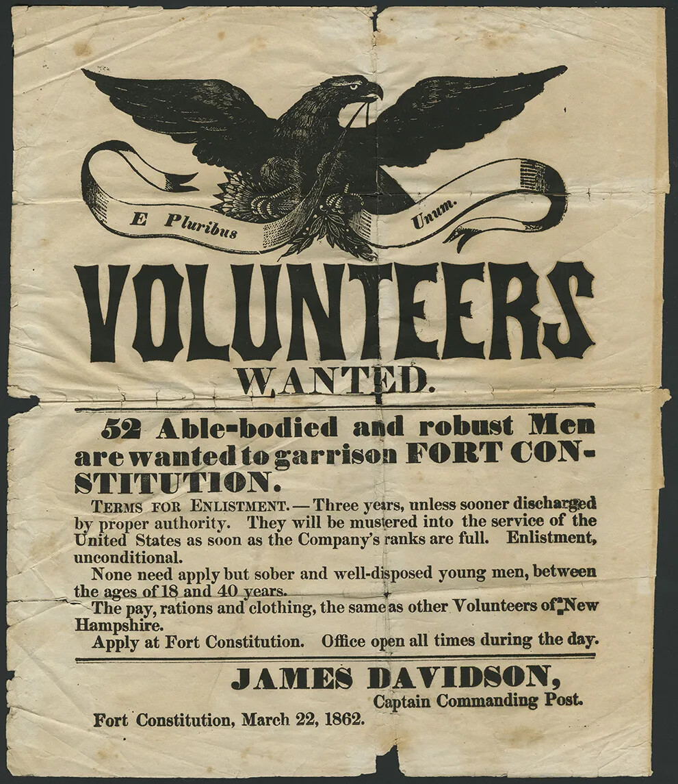 A vertical document of an advertisement. A drawing of a large bird is located along the upper border of the page, beneath which are the words "VOLUNTEERS/WANTED/52 Able-bodied and robust Men/are wanted to garrison FORT CON-/STITUTION," in bold black text. Underneath these words are three small paragraphs of text in black ink.