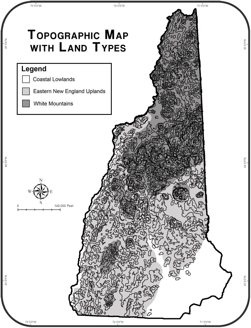 A black and white map of New Hampshire. There are several squiggly circles that overlap each other throughout the state, except in the lower right-hand corner. There are more overlapping circles towards the middle and top of the state. The groupings of circles in the lower half of the state are highlighted in light gray, and the upper part of the state is highlighted in a darker gray.  The title of the map, placed in the upper left-hand corner, reads "TOPOGRAPHICAL MAP WITH LAND TYPES." Below the title is a box labeled "Legend." There are three smaller boxes below the title, and are colored white, light gray, and dark gray. These smaller boxes are labeled "Coastal Lowlands", "Eastern New England Uplands", and "White Mountains." A compass rose and a horizontal line with little vertical lines placed at even intervals are placed to the left of the state map.