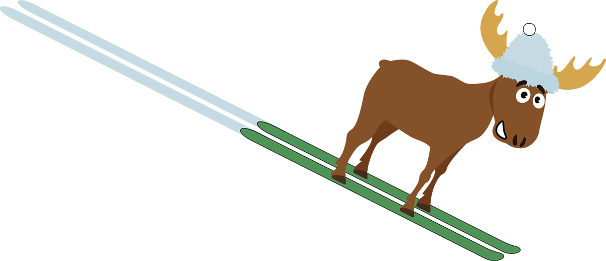 Moose wearing a winter hat and skiing downhill.