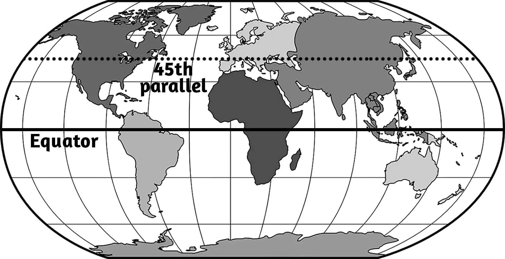 A black and white horizontal map of the Earth, with a line marked "Equator" dividing the map horizontally in half. Between the Equator line and the top of the map, there is a dotted line marked "45th parallel."