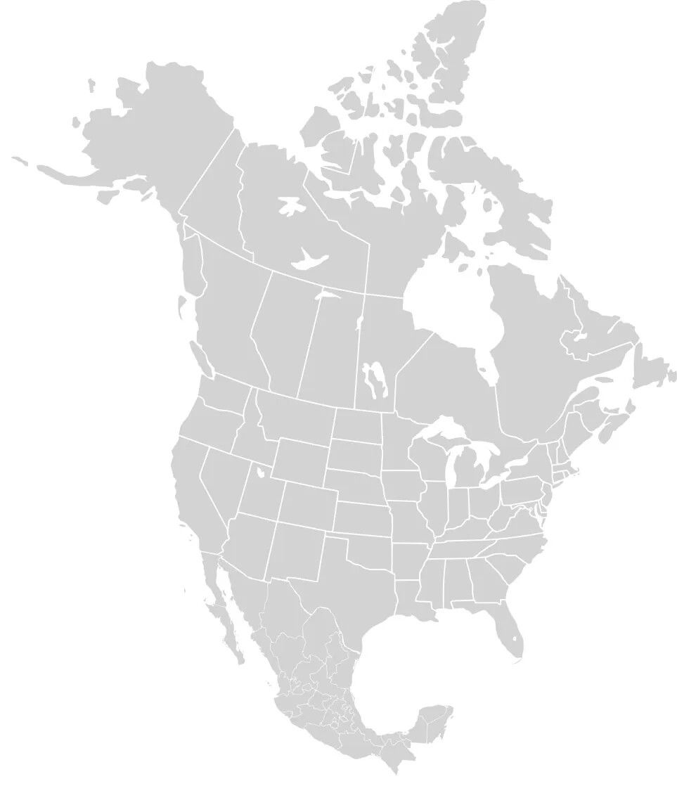 A gray map of the North American continent. The regions of Canada and Mexico, as well as the individual states in the United States are outlined in white.