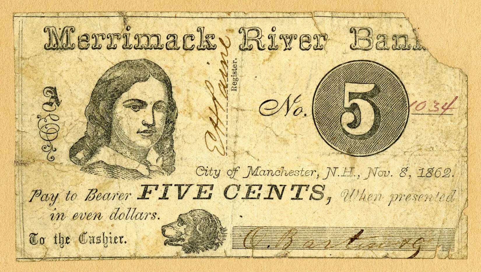 An aged horizontal document that has been torn in the upper right-hand corner. There is a black and white drawing of a young girl in a collared shirt with long hair on the left side of the document, and a large "No. 5" stamped in a darkened circle on the right side. The text along the top of the document reads "Merrimack River Bank" (with the "K" slightly torn). The text beneath the drawing of the girl reads "Pay to Bearer FIVE CENTS, When presented/in even dollars."