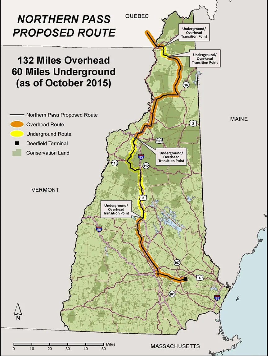 A vertical map of New Hampshire. New Hampshire is colored in light and dark green, and there are orange and yellow lines drawn on top of the map. The title of the map, located in the upper left-hand corner, reads: "NORTHERN PASS/PROPOSED ROUTE."