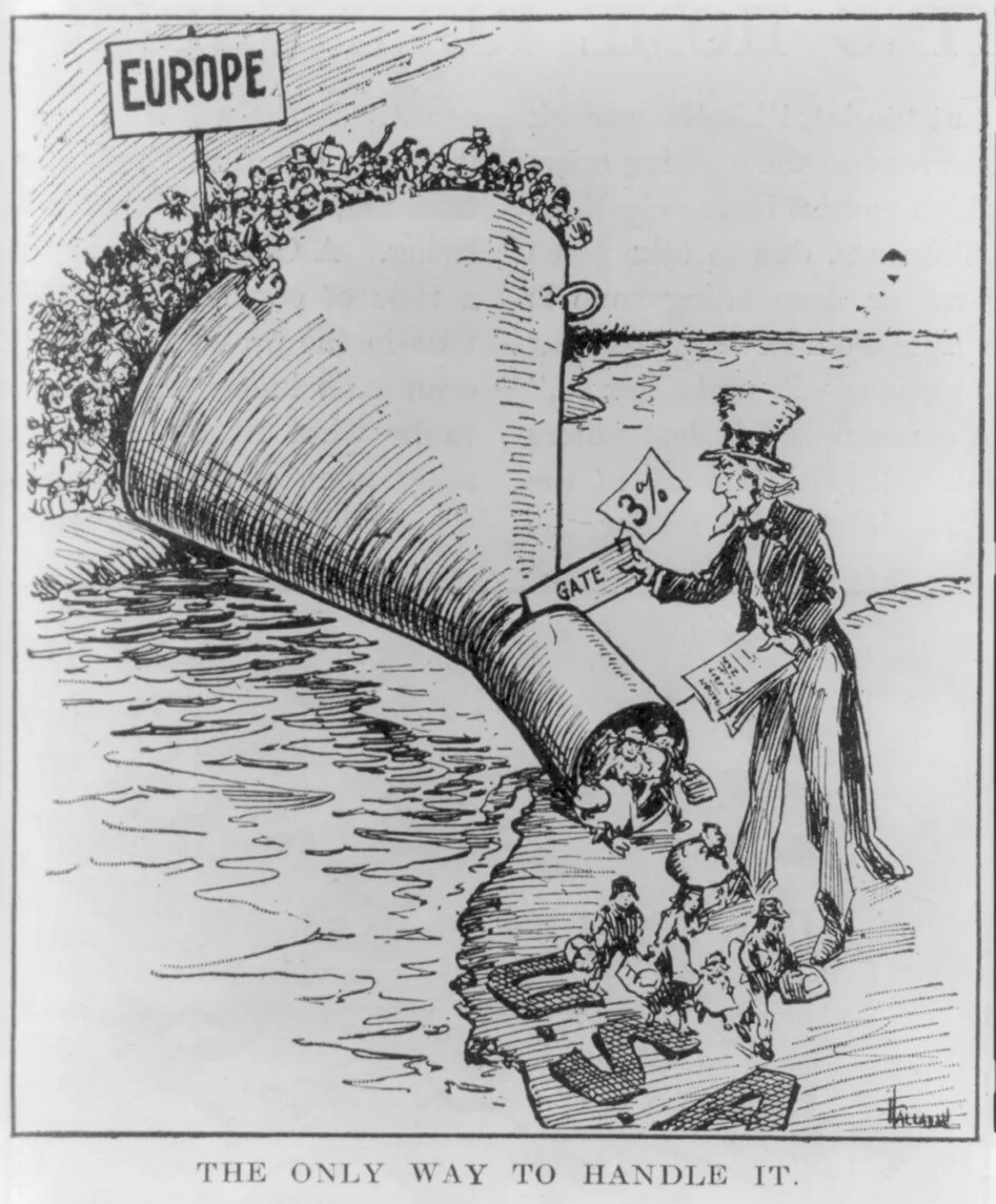 A black and white drawing of a tall man in a top hat and long-tailed coat standing in front of a large funnel. The funnel is placed over a body of water, between a piece of land marked  "EUROPE" and the piece of land that the man is standing on, marked "U.S.A." The funnel has a large opening at one end and a very small opening on the other.  The tall man is sliding in a card marked "GATE/3%" through a small slot towards the smaller end of the funnel. The large end of the funnel is filled to overflowing with minature people. A small group of minature people emerge from the smaller end of the funnel. The drawing's title, place along its bottom border, reads: "THE ONLY WAY TO HANDLE IT."