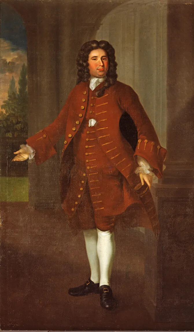 A colored painting of a white man with long brown, curly hair. He wears a long red jacket and vest with many gold-colored buttons, knee-length red pants, white stockings, and black shoes with large buckles. He stands with his arms stretched out in front of him and looks at the viewer.