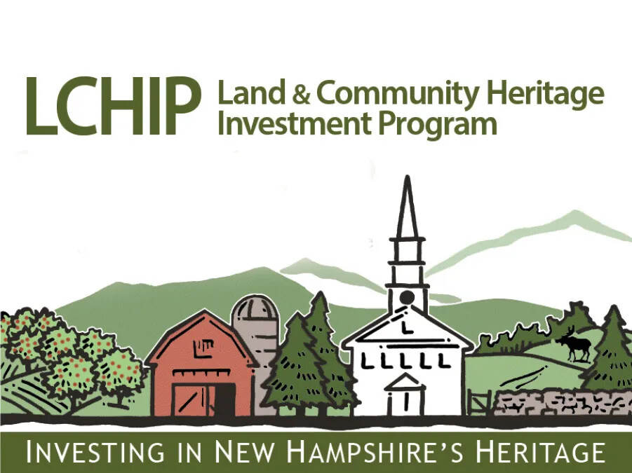 A colored poster showing a white church, a red barn, and a gray sillo set again green hills and mountains. Above the images are the words "LCHIP Land & Community Heritage/Investment Program" in green text. Below the images are the words "INVESTING IN NEW HAMPSHIRE'S HERITAGE" in white text on a green background.