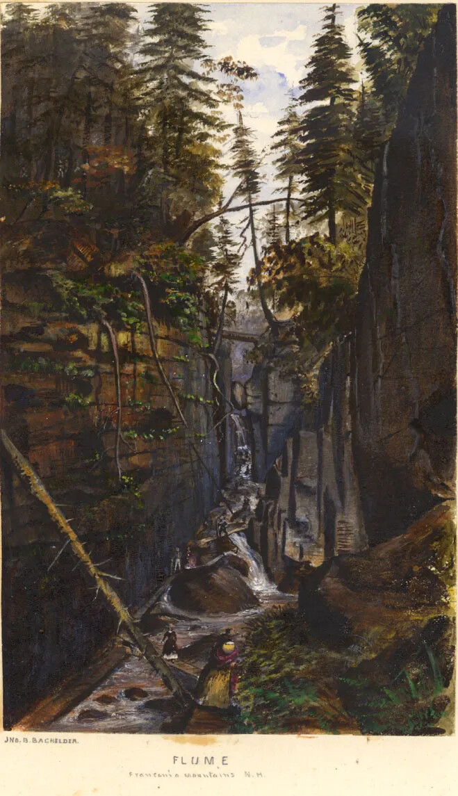 A colored painting of a narrow, wooden foot bridge placed over a rocky floor, with two walls of rock on either side. Trees sit atop the two rock walls and partially fall into the valley. Groups of people are seen walking along the bridge.
