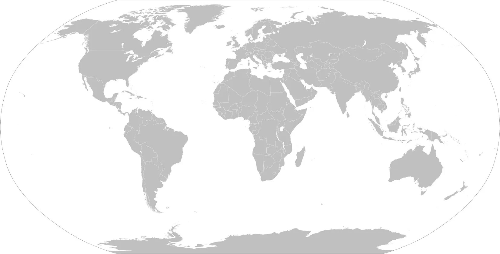A gray, oval map of the seven continents of the world. The countries in each of these continents are outlined in white. The ocean’s in between the continents is white.