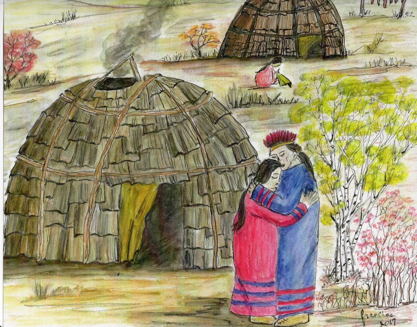 A colored drawing of a man and woman hugging each other in a small village. The woman wears a long pink coat with purple stripes on the arms and base of the coat. The man wears a hat of red feathers and a long blue coat with pink stripes on the arms and base of the coat. Behind the couple is a person wearing a pink cape, who sits on the ground, working on a piece of cloth. There are domed buildings placed around the village, with smoke coming out of small openings in the roof. 
