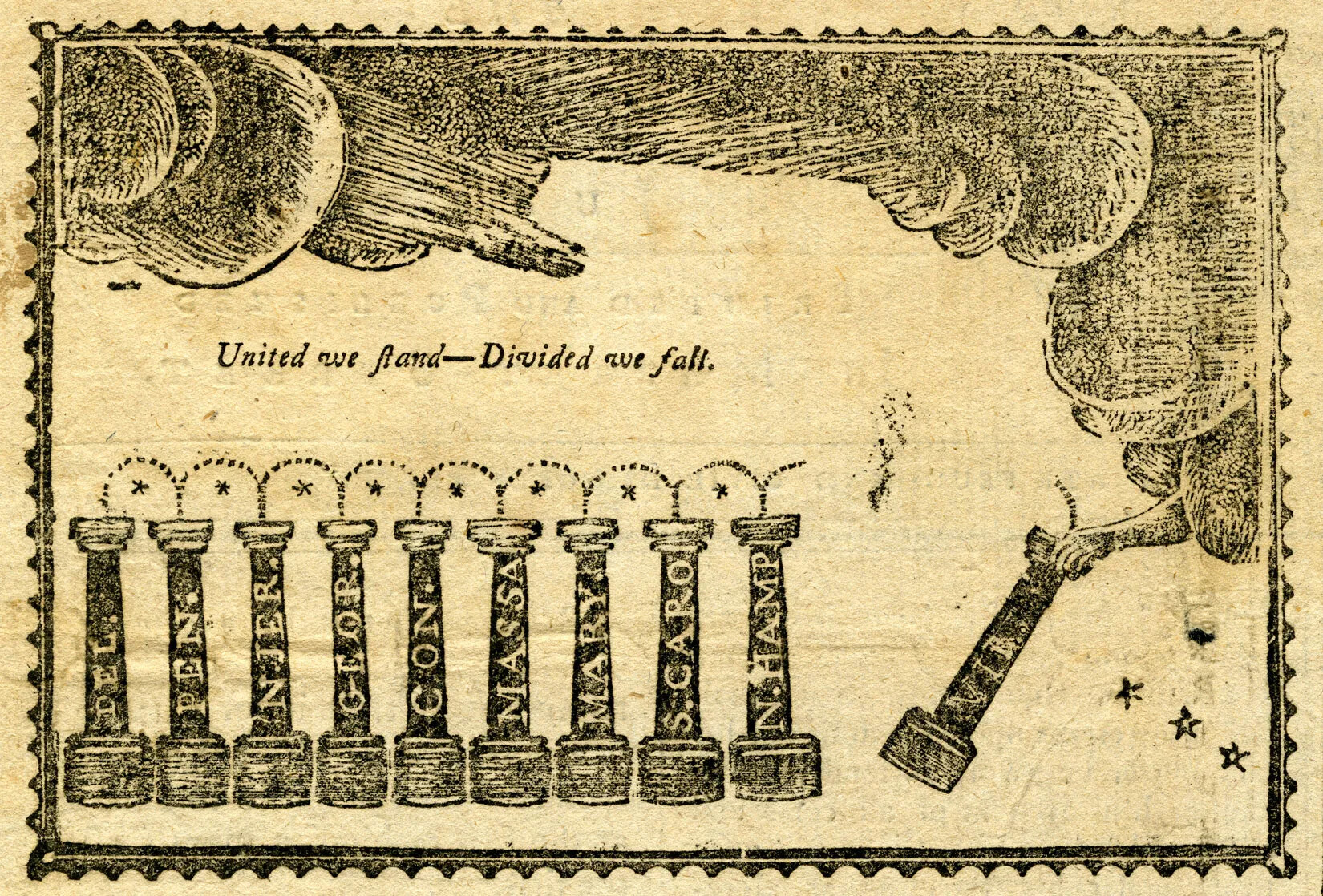 An engraving shows a symbolic drawing. There are nine pillars, each about a third of the height of the drawing, lined up next to each other. They each have letters on them. From left to right, they read "DEL." "PEN." "N.JER." "GEOR." "CON." "MASSA" "MARY." "S.CARO" and "N.HAMP." The tops of the pillars are connected by dotted arched lined, and under each arch is a star. Stormy clouds line the top of the drawing, and a hand from a cloud reaches down to place a tenth pillar in line. It reads "VIR." There are three stars to the right of the pillar being placed. Words above the pillars and below the clouds read "United we stand--Divided we fall." 