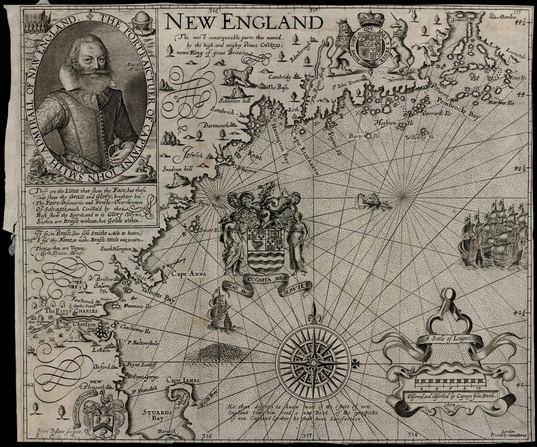A black and white horizontal map of a small piece of land that borders a large body of water. In the upper left-hand corner of the map is a portrait of a man with a beard and mustache, who is looking at the viewer. The man wears a fitted long-sleeved, button-down shirt with a high and wide collar. He holds the handle of a sword in his left hand. The title of the map, which reads "NEW ENGLAND," is the to right of the portrait. Drawn on top of the large body of water is a coat of arms, a large compass rose, and a fleet of ships with tall masts.