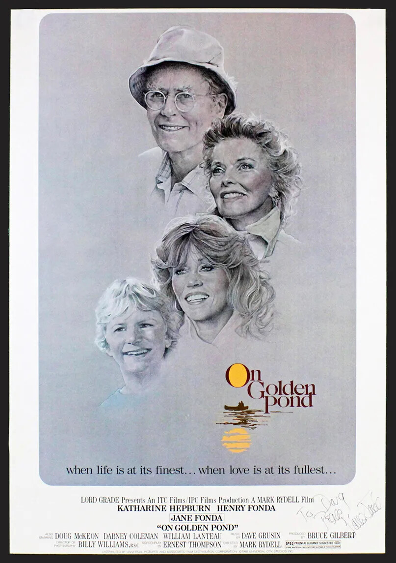 A colored vertical poster, showing a white man, two white women, and a white boy. Their images are placed next to a small drawing of a canoe floating on a body of water. A thJust above the canoe are the words "On/Golden/Pond."