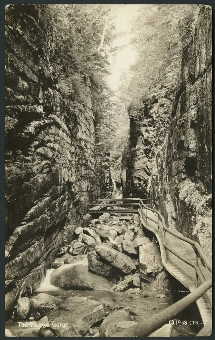 A black and white postcard of a rocky canyon. Two walls of rock, each topped with trees and shrubbery, frame the postcard. A wooden foot bridge with a handrail carves its way through the center of the photograph. Below the foot bridge, a small stream passes over the rocky landscape. Written in white ink along the base of the postcard are the words “The Flume Gorge/© 1938 CTB”.
