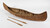 A model of a birchbark canoe has brown birchbark on a wooden frame. There is one thwart in the center. Intricate double-curve designs are on the outside of the canoe. Two wooden paddles lie beside the canoe, one with a rounded blade and one with a pointed blade. 