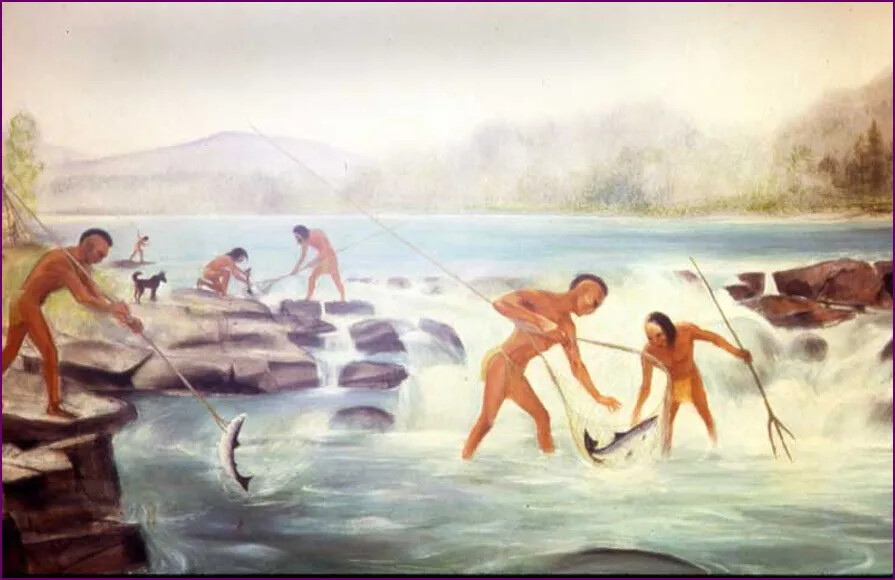 A painting of a group of men fishing in a body of water. On the right side of the painting, two men stand in front of a small waterfall with a net and spear, looking at a fish that has been caught in the net. On the left side of the painting, men fish individually and in pairs from the shore.