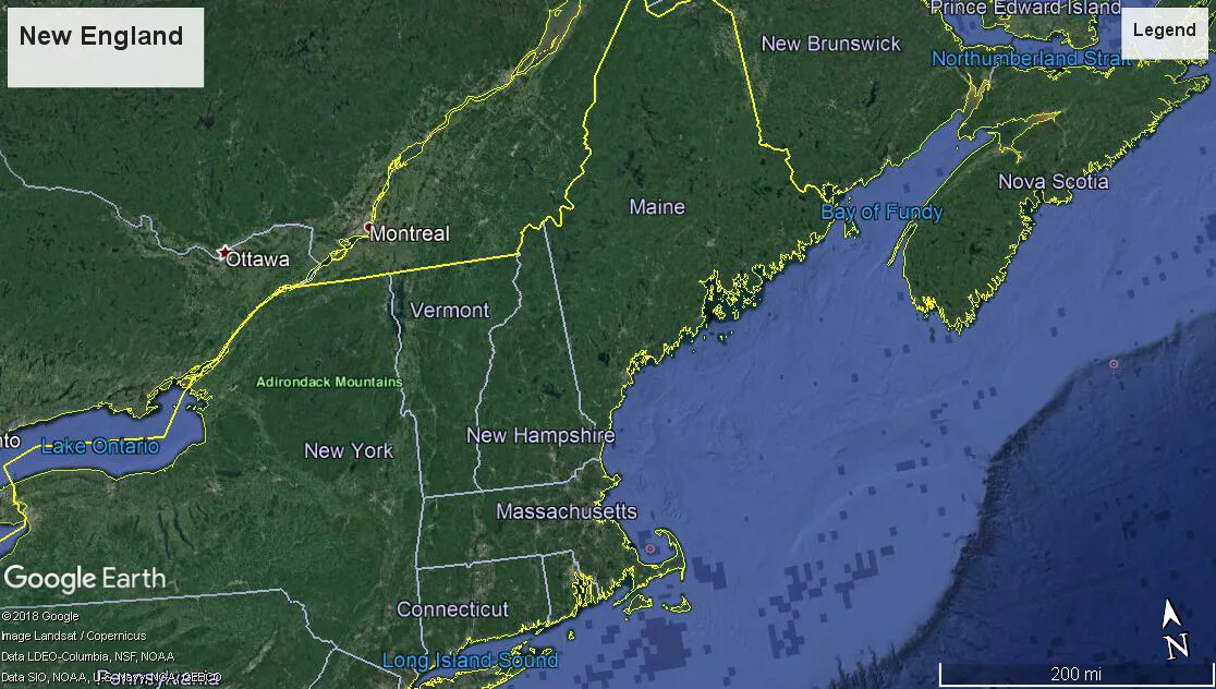 A colored screenshot of the New England states and New York, as well as parts of lower Canada from Google Earth. The land masses are green, outlined in white to separate each state. The coast of the Atlantic Ocean is on the right hand side of the image, in two shades of blue.