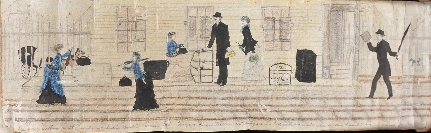 A colored drawing of a group of men and women standing outside a train station. Two of the women and a man stand on the train tracks, and two women and a man stand on the platform. The women wear long skirts, jackets, and hats, and the men wear black pants, boots, jackets, and hats. Some of the men and women carry umbrellas and are standing among large suitcases.