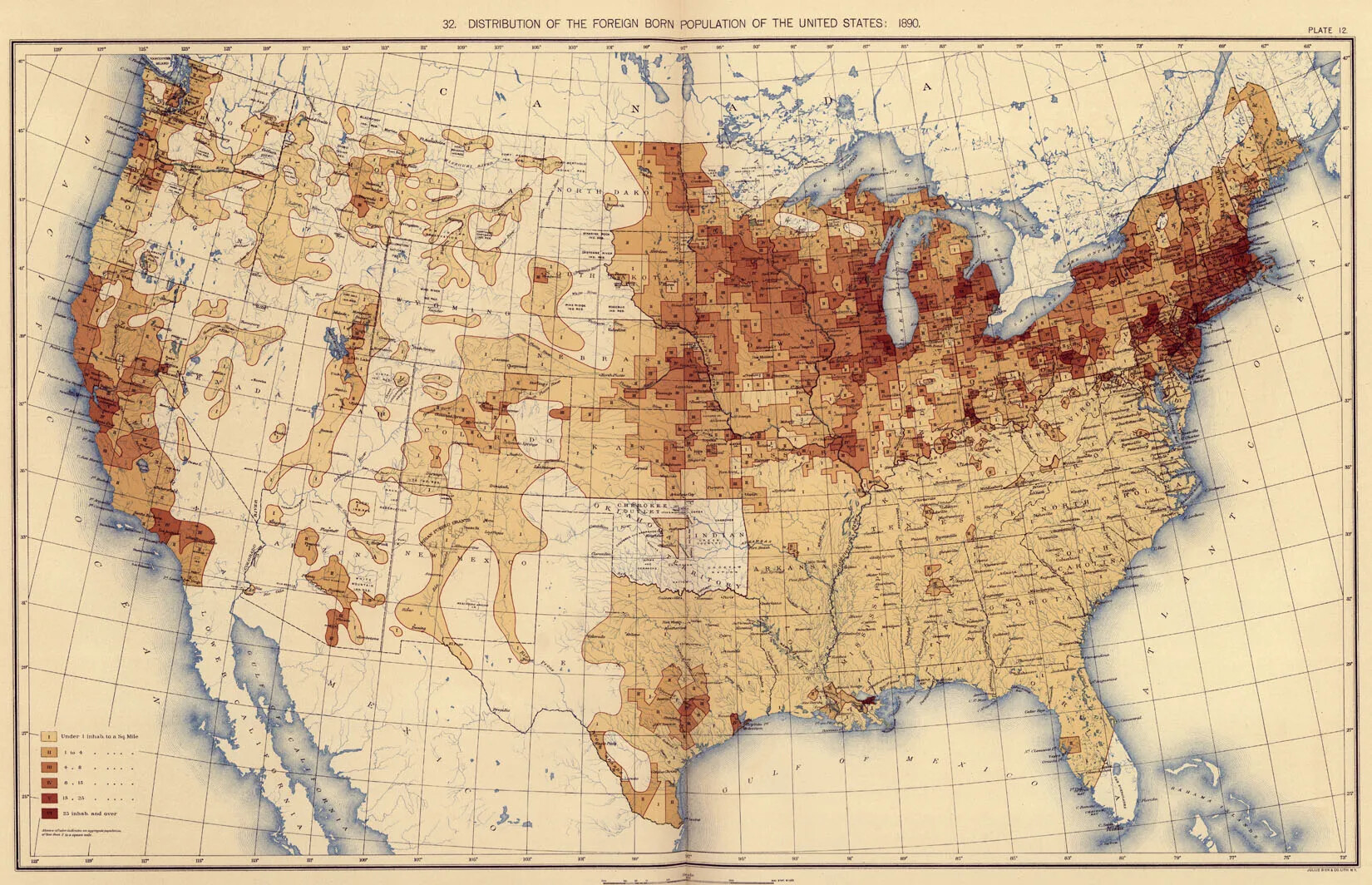 A colored map of the United States. The states in the top horizontal half of the map, from the right edge until the vertical fold at the center of the map, is colored in groupings of dark red and tan. The lower half of that side of the map is colored in light tan. The states to the left of the vertical fold are colored in white with scattered sections of light tan. The title of the map, centered along the upper border, reads "32. DISTRIBUTION OF THE FOREIGN BORN POPULATION OF THE UNITED STATES: 1890" in black text.