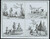 A black and white drawing is divided into four equal rectangles. The left upper section shows two men next to a river lined with trees. One is standing and one is kneeling at the water. The kneeling man is putting a broad, flat pan into the water. The upper right section shows a hillside with a hole in it and two men. There is a bucket, shovel, and pickaxe on the ground next to the hole. The hole has wood around it and a piece of wood with rope tied to it suspended over the hole. One man is standing in the hole holding the rope and the other man is helping to lower the rope. The left lower section shows three men by a river's edge. One man sits on the ground with a pan and large bucket. One man stands with a pickaxe and shovel over his shoulder. One man walks towards a pile of rocks with two buckets in his hand. The right lower section shows two men at a rough campsite. There is a large piece of suspended, patched canvas for a tent. One man cooks something over a small fire while the other man stands at the fire smoking a pipe. 