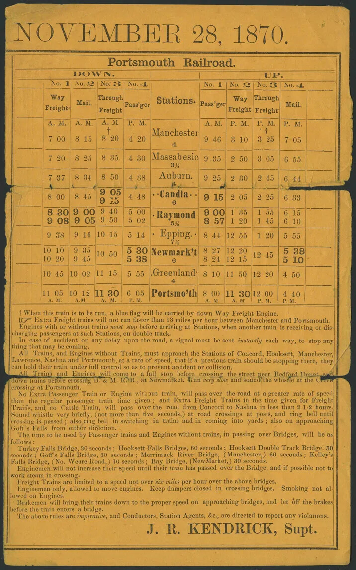 A large piece of brown paper of a railroad schedule, with the title "NOVEMBER 28, 1870 / Portsmouth Railroad". The first half of the document is the train schedule, with columns for trains going "DOWN" on the left and those going "UP" on the right. The names of the railroad stations are listed in the middle of these two columns. The second half of the document are instructions and rules of the railroad for passengers and crew members to follow. The document is signed "J.R. KENDRICK, Supt." in the bottom right corner.