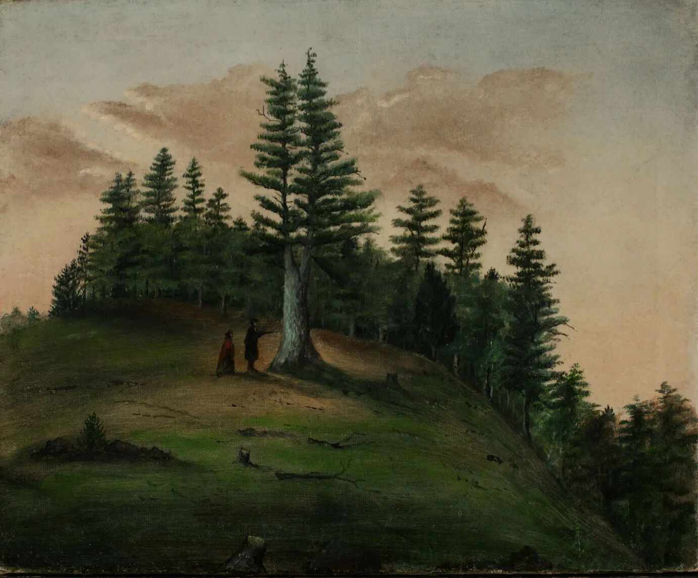 A colored painting of a green hill, bordered by trees and scattered with the remnants of tree trunk stumps. Two people stand in the center of the painting, to the left of a tall tree with a thick trunk.