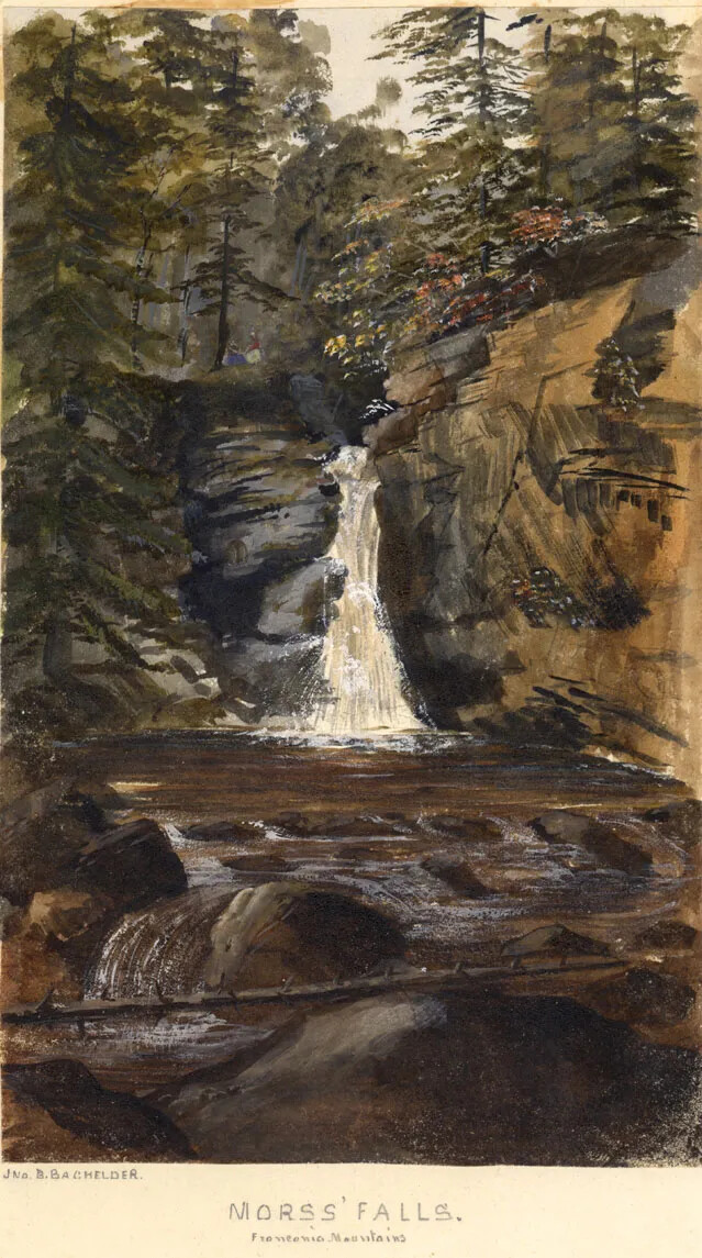 A colored painting of a small waterfall and two pools of water. The water is framed by rock walls and trees. There are few large boulders placed throughout the water.