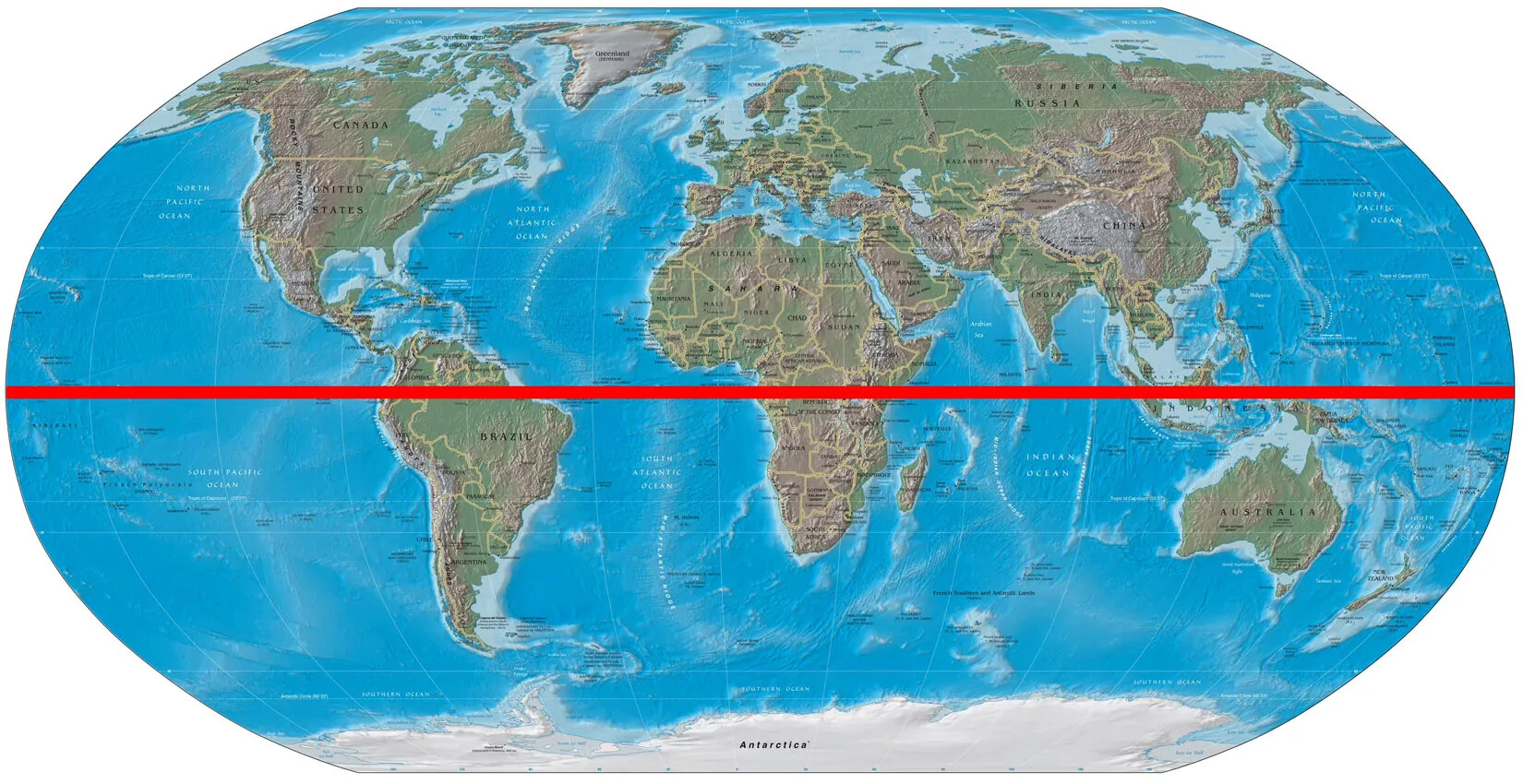 A colored oval map of the seven continents of the world. The ocean is blue, and the continents are shades of green and brown. The countries in each of the seven continents are outlined in white. Drawn horizontally through the middle of the map is a thick red line.