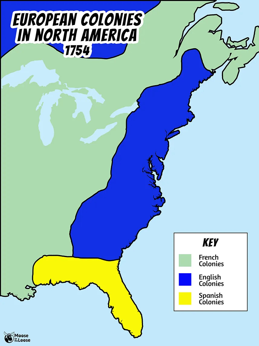 A colored vertical map of the eastern border of the United States. Parts of the map are colored in dark blue, yellow, or green. The map's key, located in the lower right-hand corner, marks the green land as "French/Colonies," the dark blue land as "English/Colonies," and the yellow land as "Spanish/Colonies." The title of the map, located in the upper left-hand corner, reads "EUROPEAN COLONIES/IN NORTH AMERICA/1754."