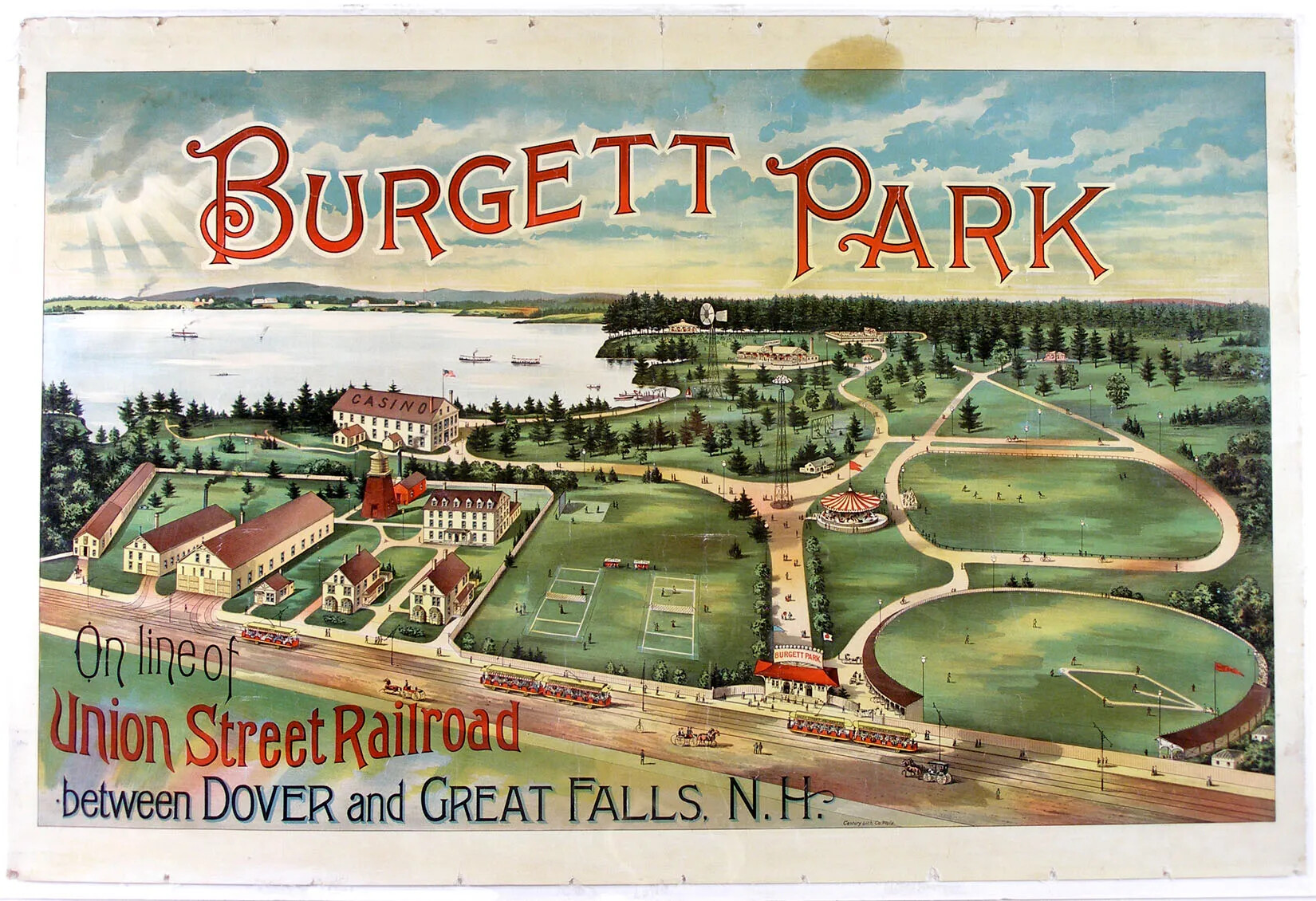 A colored hortizontal poster of an amusement park. The poster shows several buildings, large grassy athletic fields, and a carousel. There are train tracks and several trolleys placed along a dirt road in the foreground of the poster. The park is located to the right of a body of water, which has several boats floating in the water and next to a dock. There are words in red and black text placed around the poster. The poster's title, located along the upper border, reads " BURGETT PARK." In the lower left-hand corner, another grouping of words read "On line of/Union Street Railroad/between DOVER and GREAT FALLS, N.H."
