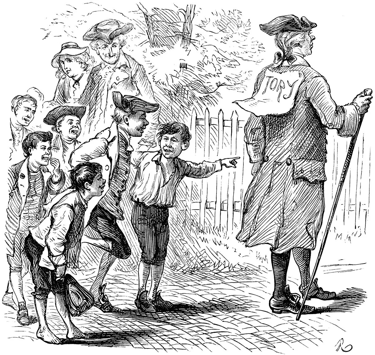 A black and white drawing of a group of young boys laughing and looking at a man who stands with his back to the group. On the man's back is a piece of paper with the word "TORY" written on it.
