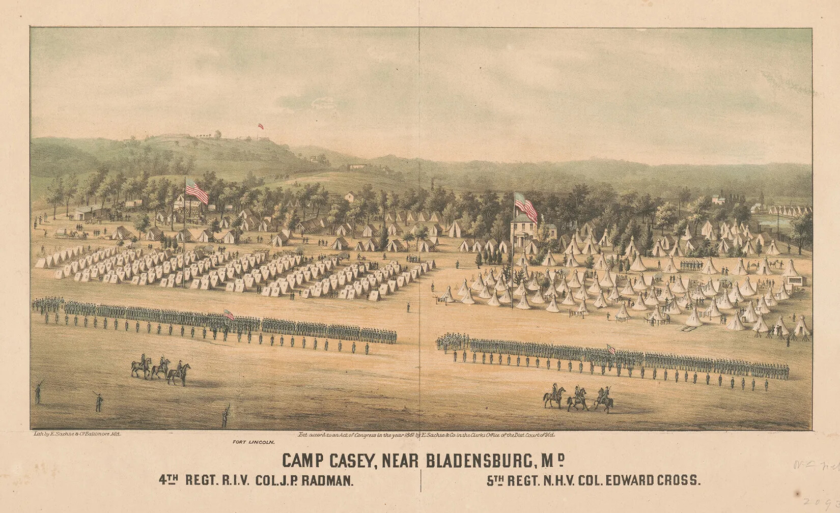 A colored drawing of groups of soldiers marching in straight lines, with several men on horseback. Behind the men are rows of white tents and a forested mountain range. The title of the drawing, located along the bottom border, reads: "CAMP CASEY, NEAR BLADENSBURG, MD/4TH REGT. R.I.V. COL. J.P. RADMAN. 5TH REGT. N.H.V. COL. EDWARD CROSS."