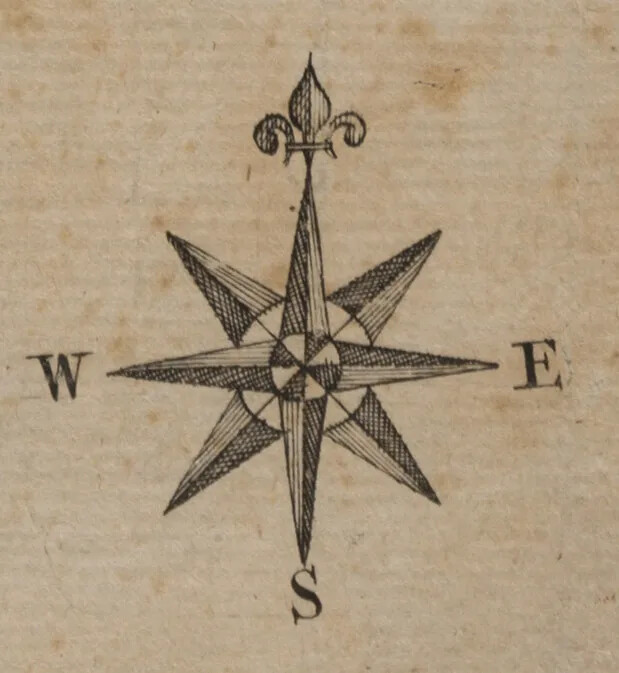An eight pointed star in alternating faded black and gray triangles. At the center of the star are two circles overlapping each other, one larger, in white, and the other much smaller, with four black and four white triangles placed inside. Surrounding the star are the letters, moving counter-clockwise, “S”, E”, and “W”, and at the right-most point are three tear-drop shapes. The one in the center points to the right and the other two curve away from it on either side.