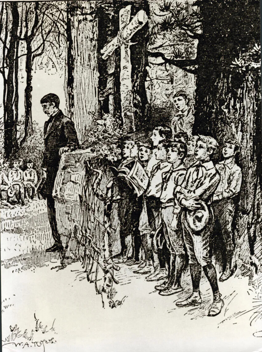 A black and white drawing shows people in a woodland scene. There are large trees, showing only their trunks. There is a large cross made from birch tree branches in the center of the drawing. About ten boys are standing under the cross facing left; they have books and their mouths open. They are wearing uniforms with shorts and button down shirts with small ties. A man in a dark suit is standing next to a pulpit made of rock; he is standing solemnly. In the background to the left, seated boys can be seen. 