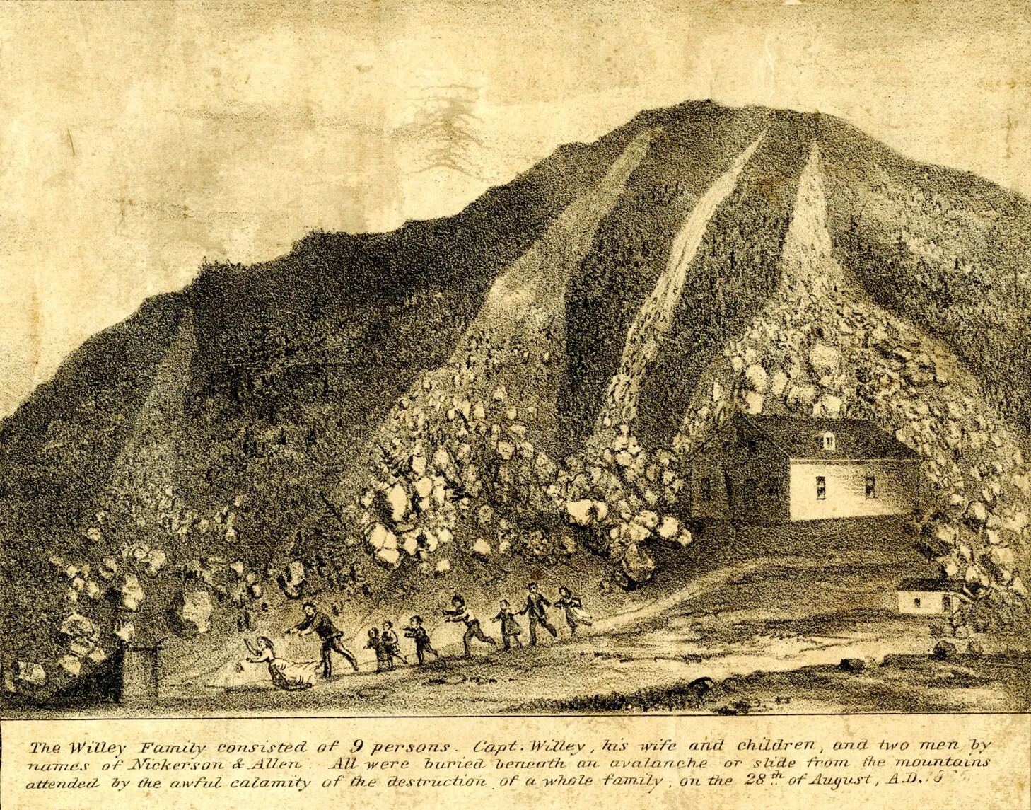 A drawing of a hillside shows a dark hill with four rock slides. Each rockslide looks like a river at the top of the hill, but resolves into individual rocks as it descends. The rightmost rockslide encircles a small house at the bottom of the hill. Along the bottom of the drawing, nine people are seen running in a line away from the house. Although they are small figures, based on their sizes and dress, they are a mix of men, women, and children. The four rockslides end all along their path. There are three lines of small writing below the drawing which describe the drawing. 