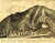 A drawing of a hillside shows a dark hill with four rock slides. Each rockslide looks like a river at the top of the hill, but resolves into individual rocks as it descends. The rightmost rockslide encircles a small house at the bottom of the hill. Along the bottom of the drawing, nine people are seen running in a line away from the house. Although they are small figures, based on their sizes and dress, they are a mix of men, women, and children. The four rockslides end all along their path. There are three lines of small writing below the drawing which describe the drawing. 