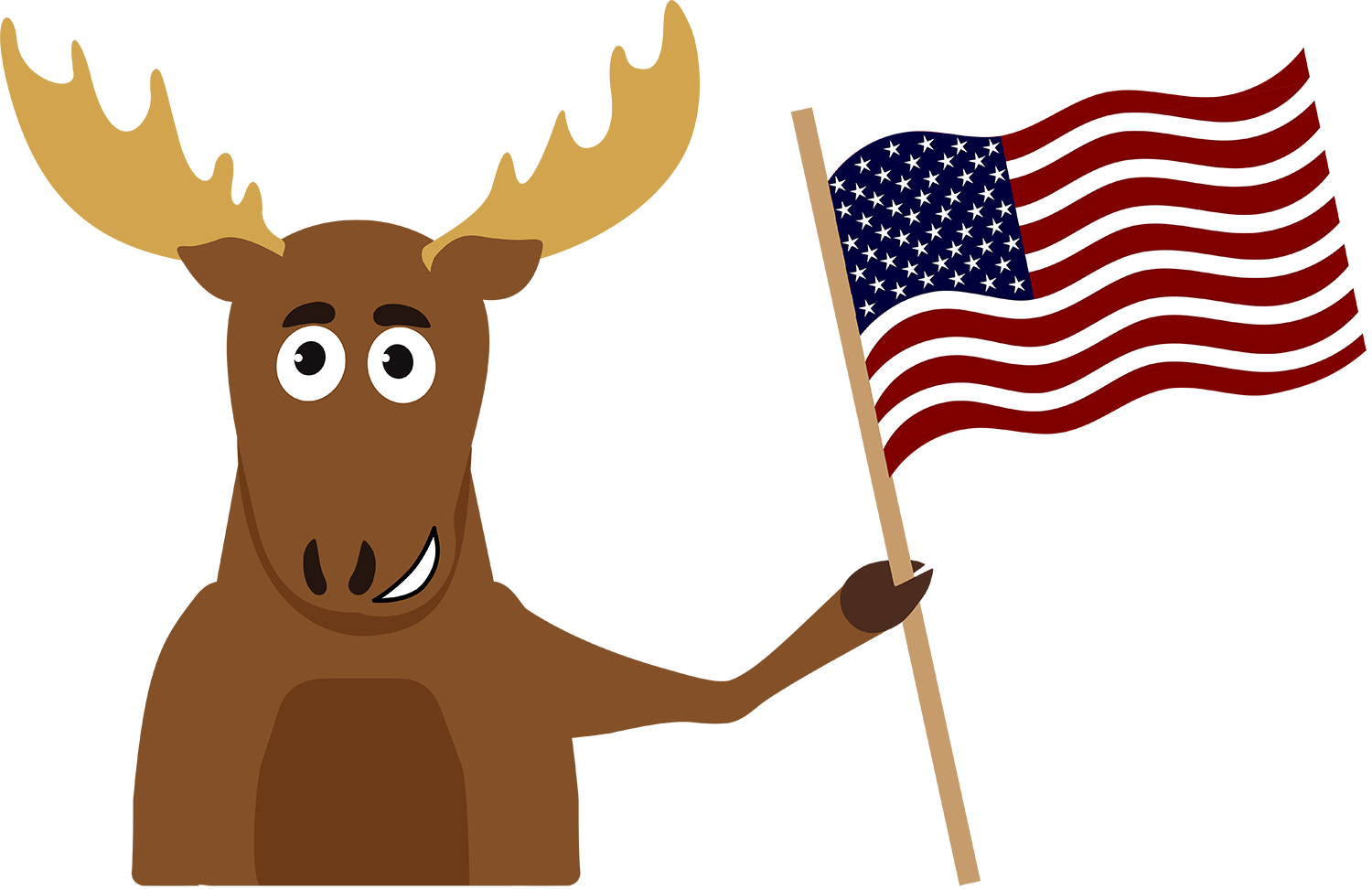 Moose holding a waving American flag.