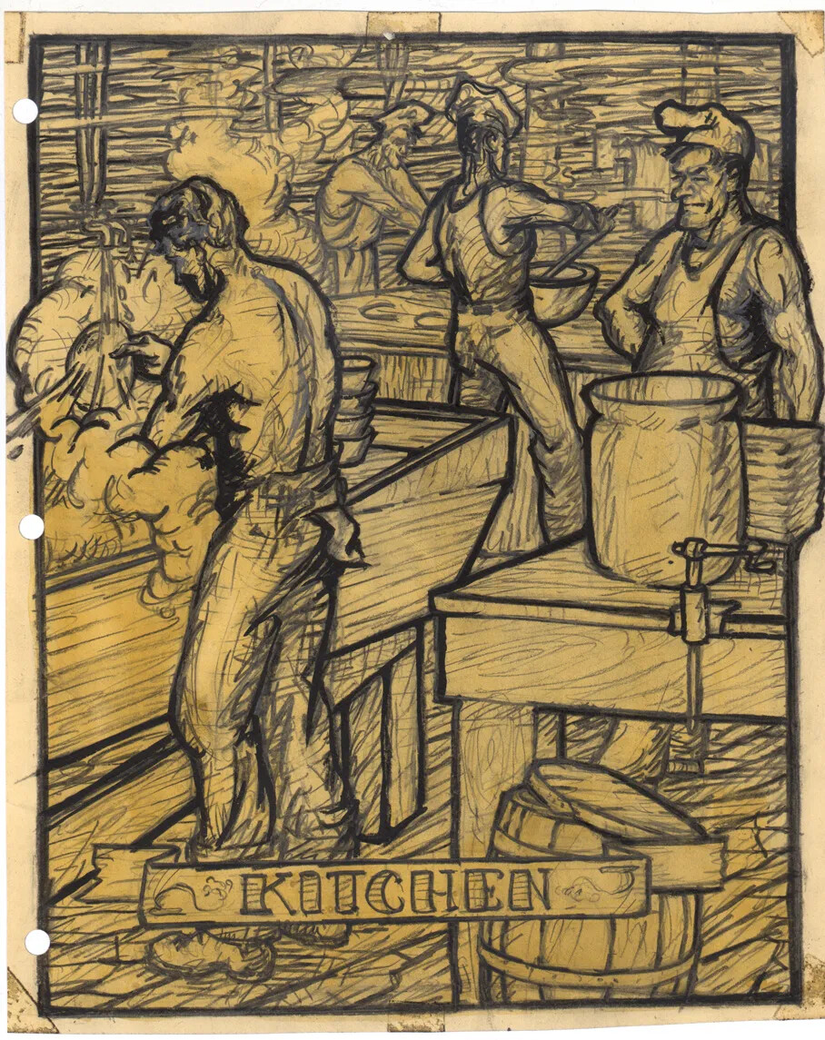 A vertical black and white drawing of the interior of a room, which has several men standing in front of a series of tables. Some of the men wear chef's hats and work over a stove or with large bowls. Another man, in the drawing's left corner, stands in front of a large sink and washes dishes. The title of the drawing, which appears on a scrolled ribbon along the bottom border, reads "KITCHEN."