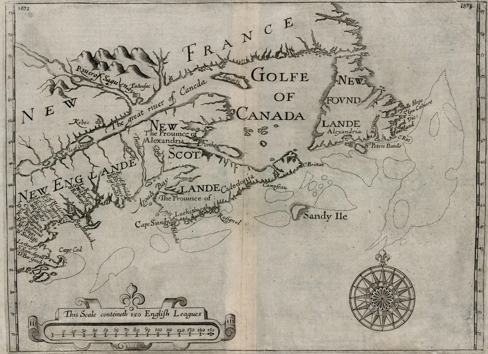A black and white map of a coastline along a body of water. The coastline is labeled as "NEW FRANCE," "NEW ENGLANDE" and "SCOT/LANDE" in large font, and the land closest to the coastline is labeled with several people's names in smaller font. The map's scale and compass rose can be found along the bottom border of the map.