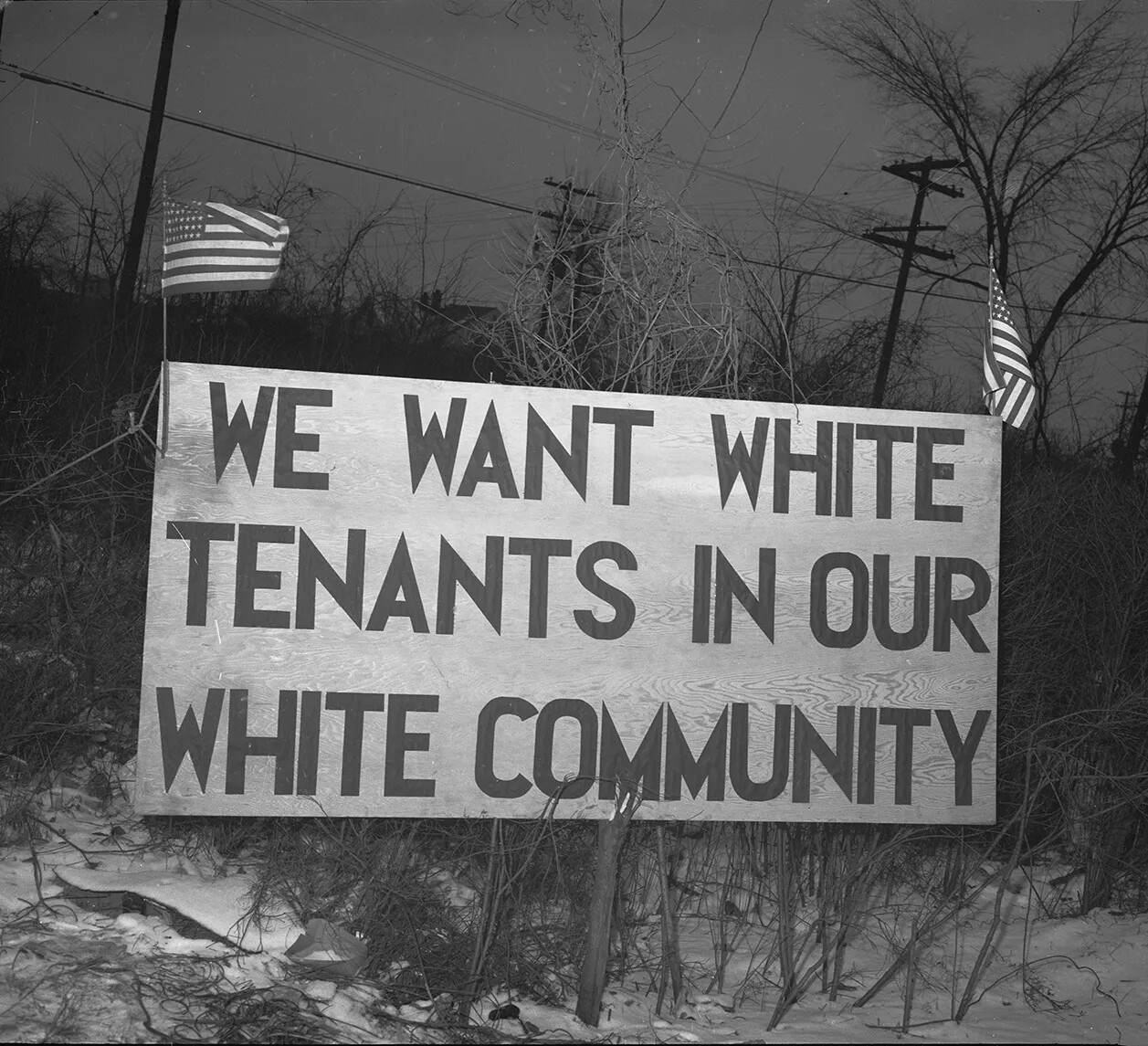 A black and white photograph of a large sign, with two American flags posted on either side. The text on the sign reads "WE WANT WHITE/TENANTS IN OUR/WHITE COMMUNITY."