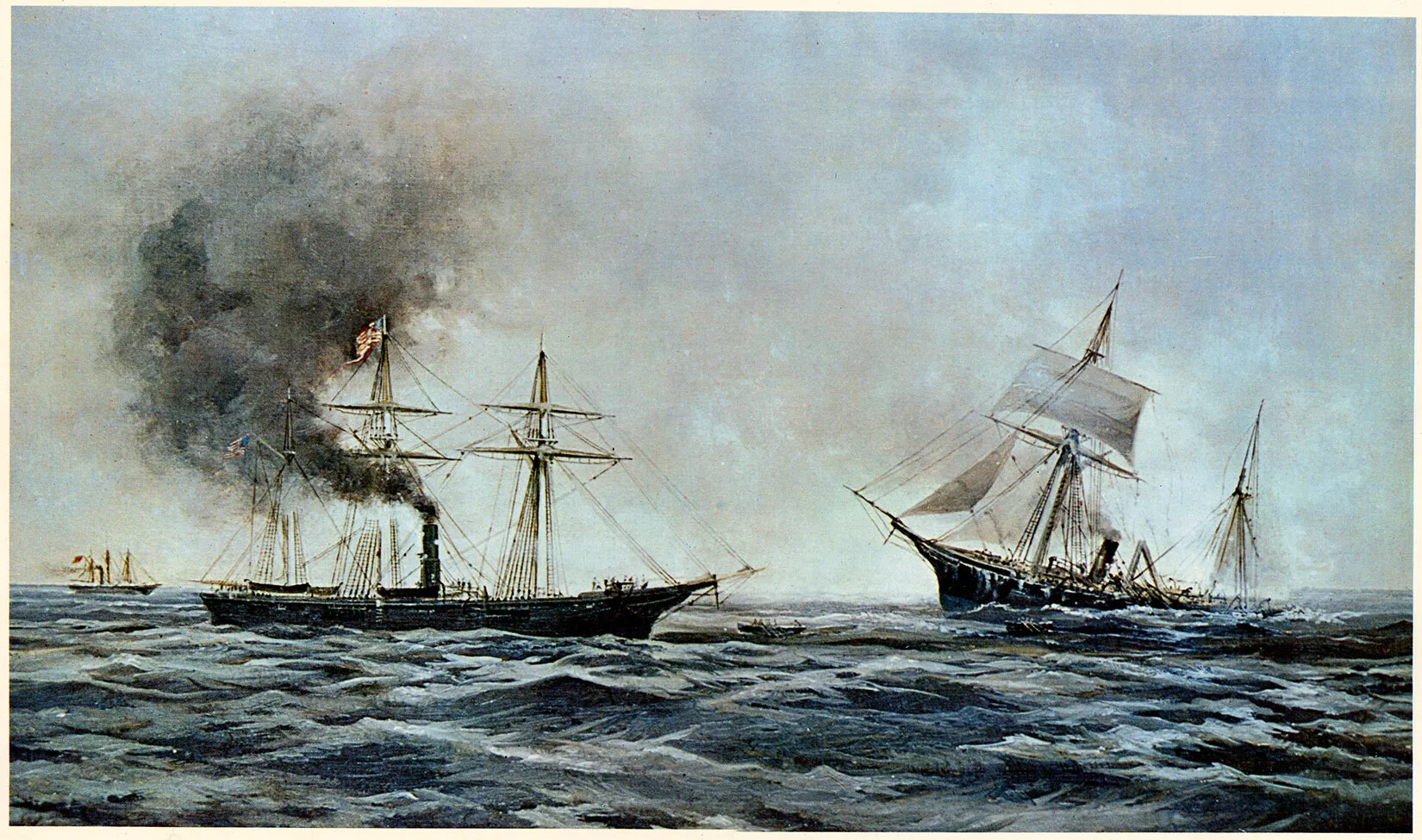 A colored painting of two ships with tall masts in the middle of a body of water. The ship on the left has black smoke coming out of a tall smoke stack. The ship on the right is sinking into the water.