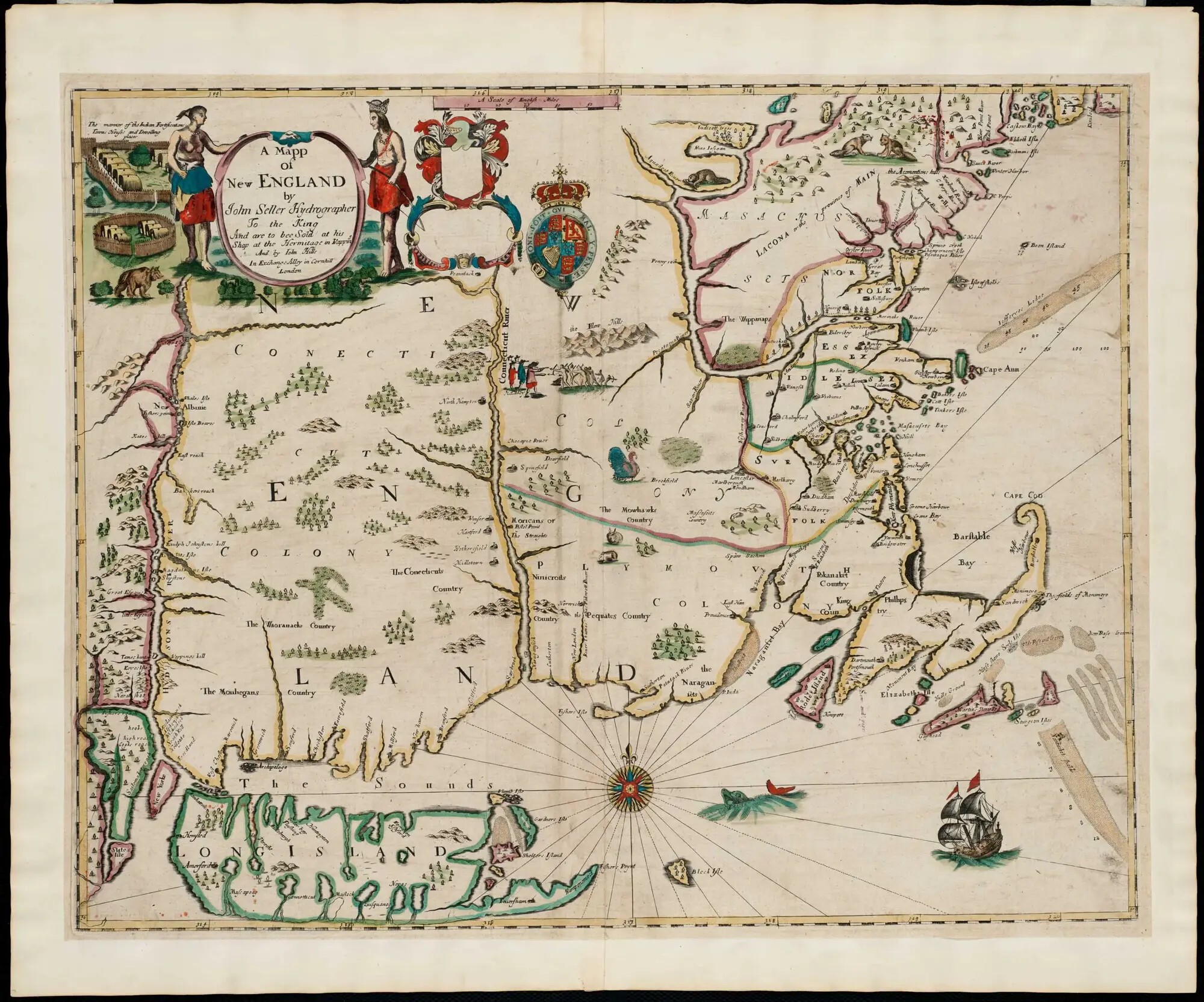 A colored horizontal map of a piece of land that borders a body of water. One part of the land curves out into the body of water in the shape of a hook. The map has several drawings of animals and people, as well as geographic features such as collections of trees to represent forests and blue lines to represent rivers and other small bodies of water. The title of the map, which appears in the upper left-hand corner, reads "A Mapp/of/New ENGLAND" and is bordered by two people in red skirts.