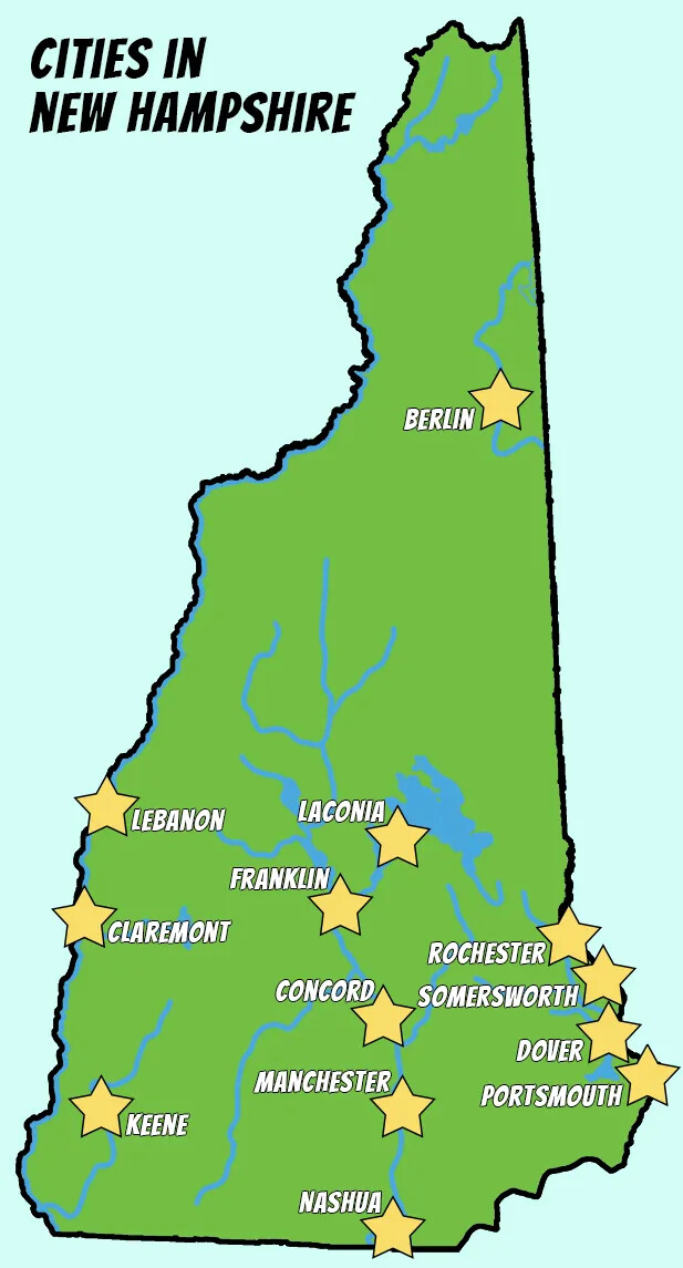 A colored map of the state of New Hampshire, colored in green. The map is set against a turquoise background and has the title "CITIES OF NEW HAMPSHIRE" featured in the upper left-hand corner. The map has the state's rivers featured in blue, and has several stars placed around the state, each one with a different label.