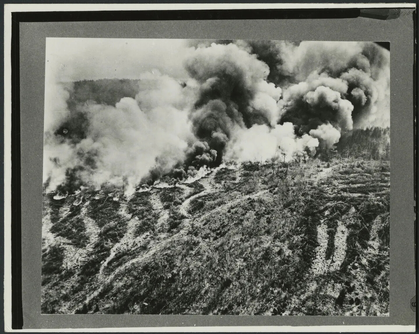 A black and white photograph of a wide landscape is seen. The landscape is hilly but not steep; there are trees and brush throughout the hills. There are also several dirt paths across the hill. In a line across the photograph, a wildfire is raging. The smoke reaches far into the sky and is dark and voluminous. Flames are seen across the hill in a thick line. 