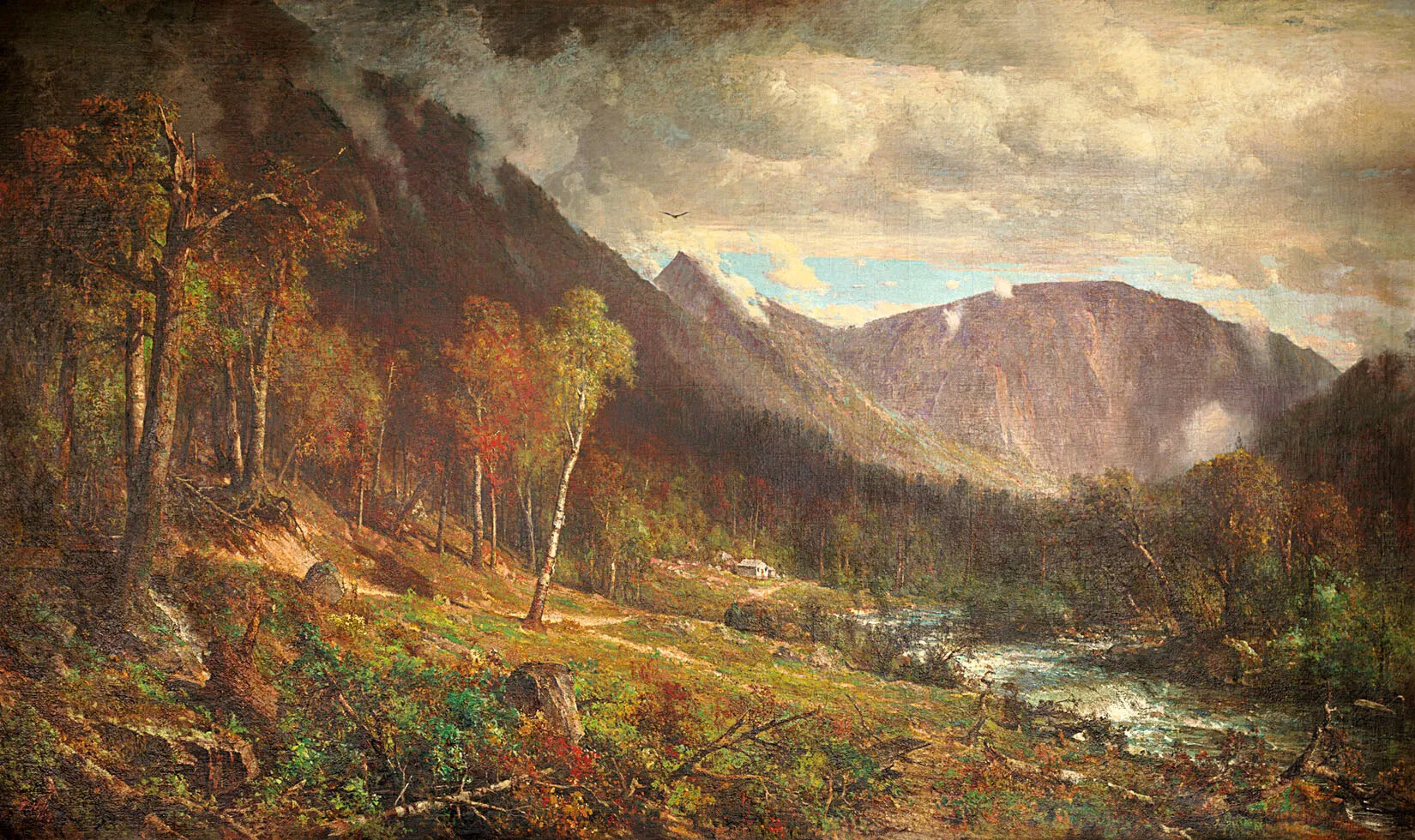 A colored painting of a forested landscape in a mountain region. There is a river in the painting's right-hand corner, and a small white house in the center of the painting. Dark gray clouds gather in the blue sky.