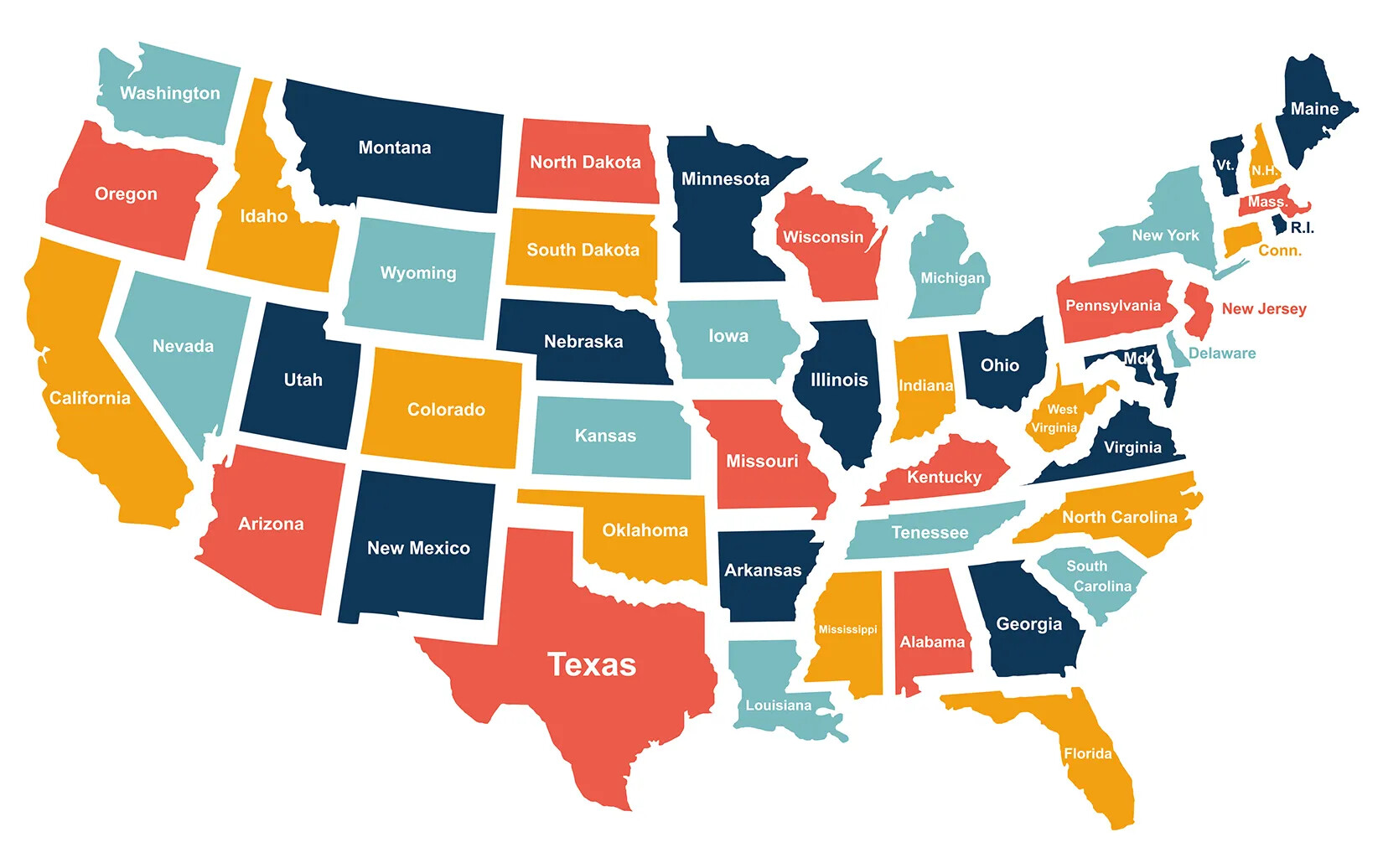 A colored cartoon drawing of a segmented map of the United States, with each state slightly pulled apart from its neighboring states.