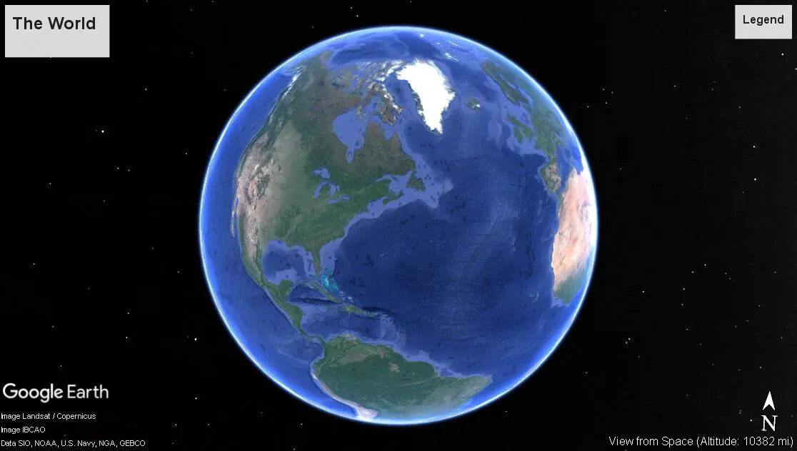A colored screenshot of a circular Earth surrounded by the night sky from Google Earth. The sea is blue, and the continents are different shades of green. This image shows North America, about half of South America, and parts of Africa. In the upper right corner of the Earth, a few European countries are shown.
